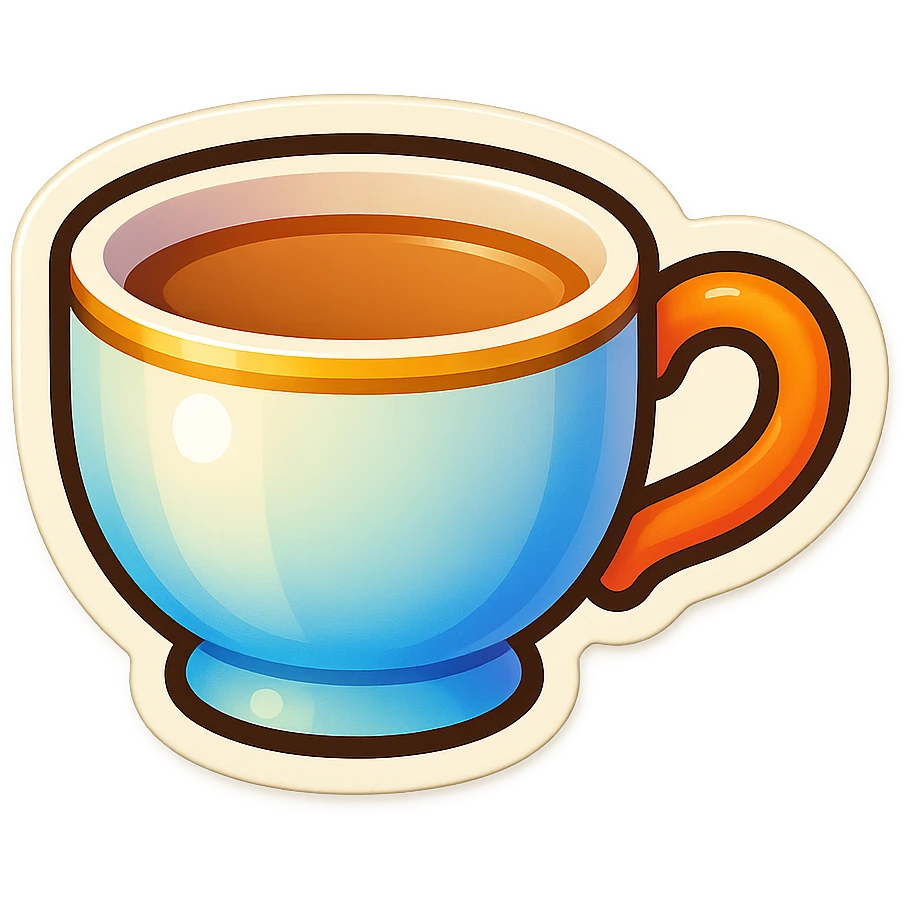 Hermès-style ceramic cup of tea, minimal design, Hermès orange handle, gold rim, cute emoji style, different lighting, on white or transparent background emoji