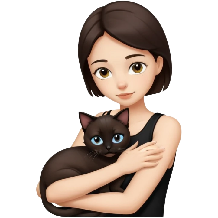 girl with dark brown hair, wearing a black sleeveless top, hugging her siamese cat. emoji