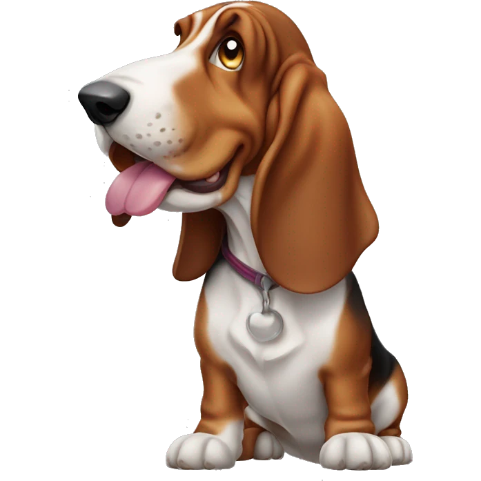 Basset hound with long ears and sticking out tongue emoji