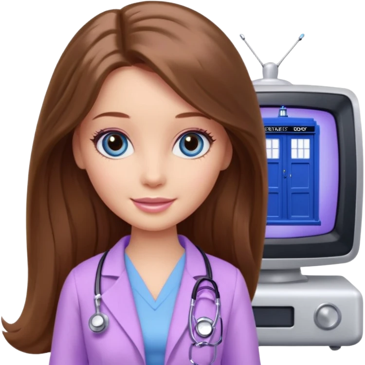 beautiful barbie girl with long brown hair, blue eyes and wearing light purple clothes watching tv show doctor who emoji