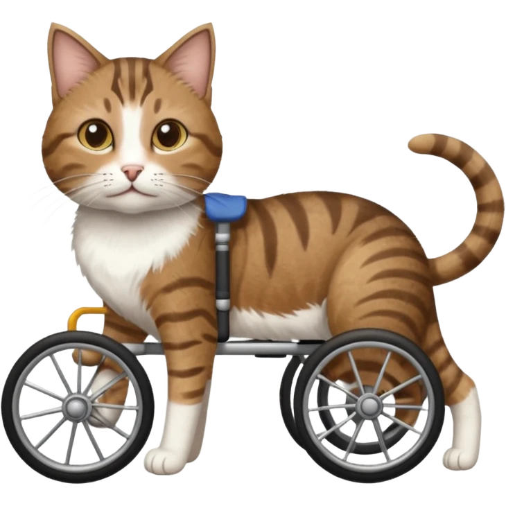 disabled brown tabby and white cat using cat wheelchair emoji