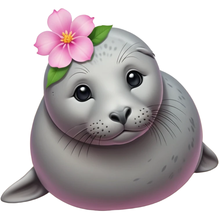 A small slim grey seal resting gracefully on a sandy beach, with a delicate pink flower placed on its head emoji