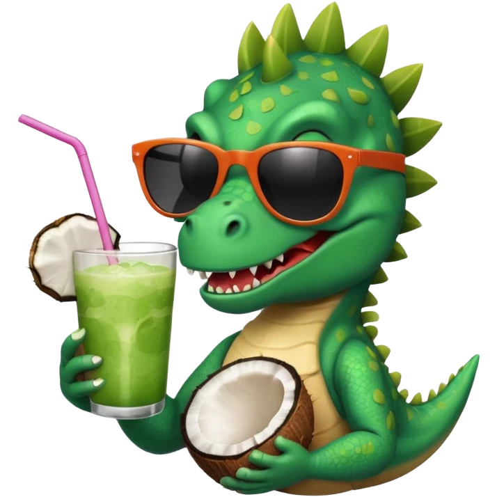 cool dino with sunglasses holding a coconut drink emoji