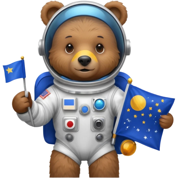 Brown bear in space suit, holding blue rectangle flag emoji