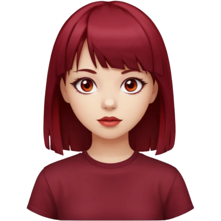 beautiful girl with dark maroon and red medium hair, straight bangs and red bando, red eyes, brown long tshirt, white skin emoji