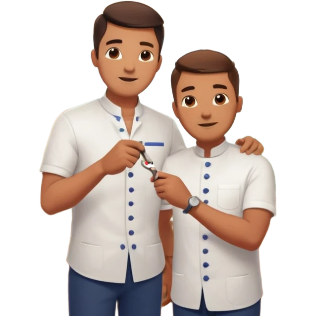 Inside a cozy barbershop with soft lighting, an experienced barber gently teaches his apprentice, guiding his hands as they cut hair together. The room is filled with warmth, plants hanging from the ceiling, and the hum of clippers emoji