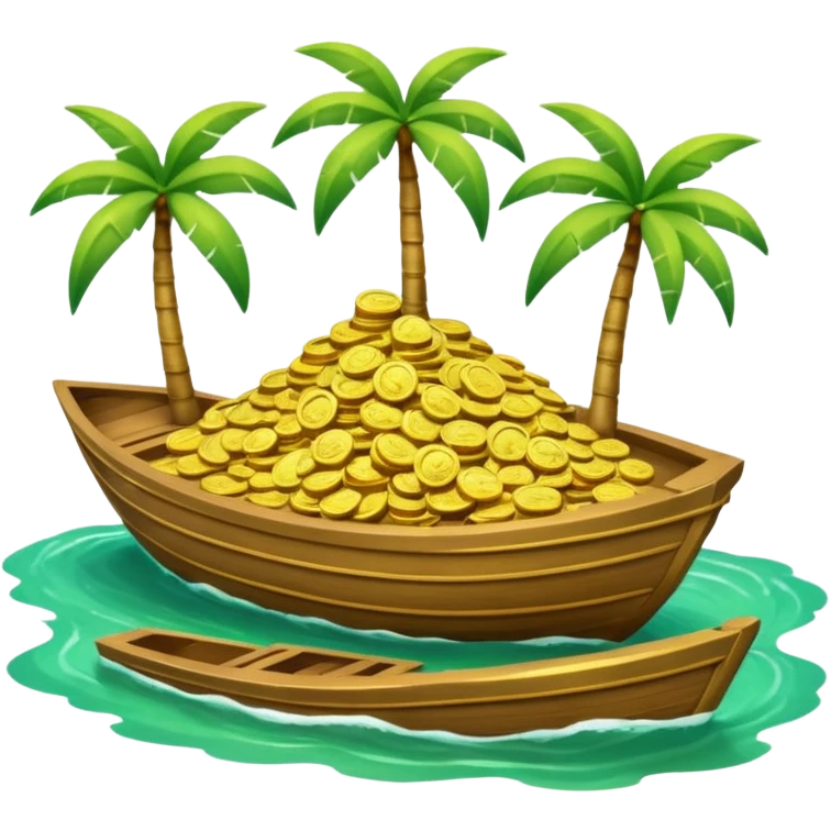 emoji of gold coins on the boat in the sea and an island on the background emoji