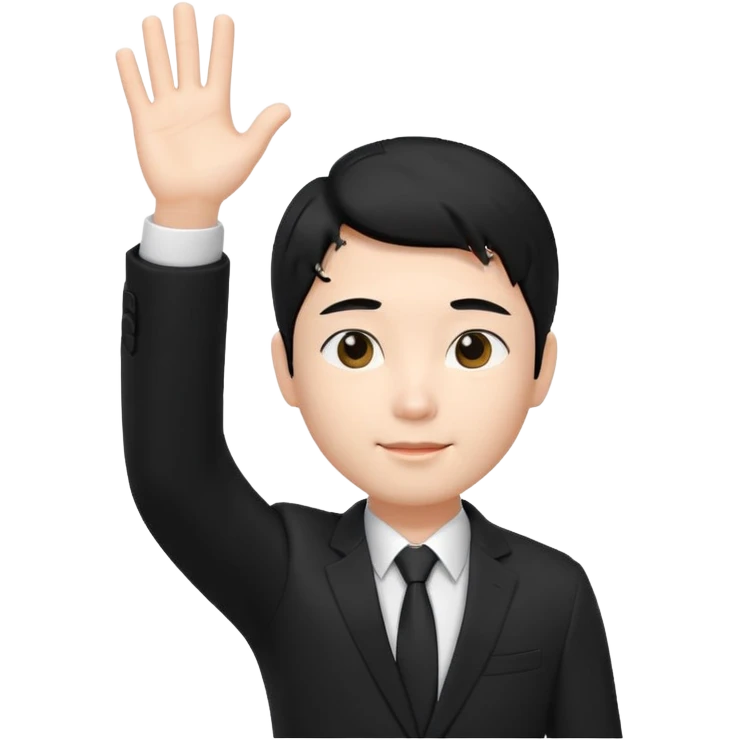 귀엽게 생긴 검정머리 피부하얀 한국 남자, 상반신 다 보이고, 한손 흔들고 있음, 검정색 정장, 흰색 와이셔츠 3D 생성 emoji