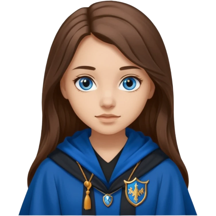 gorgeous Girl with light skin, blue eyes, long brown hair, wears ravenclaw black and blue robes  emoji