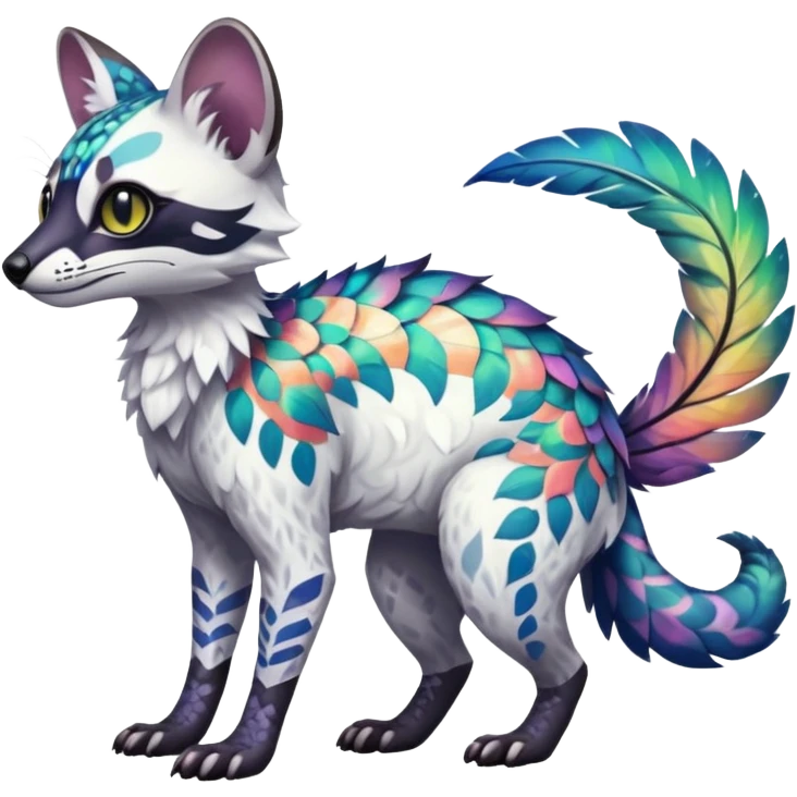 Rare iridescent white exotic epic aesthetic colorful Trico-Genet-species-Fakemon-hybrid-creature, with intricate tattoo markings, full body emoji
