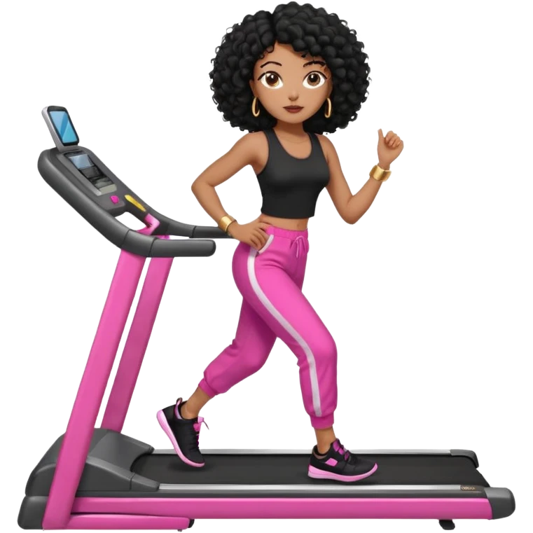 Black woman, adult, 4C black curly hair, dark brown eyes, wearing black top, pink pants, black sneakers, gold hoop earrings na esteira emoji