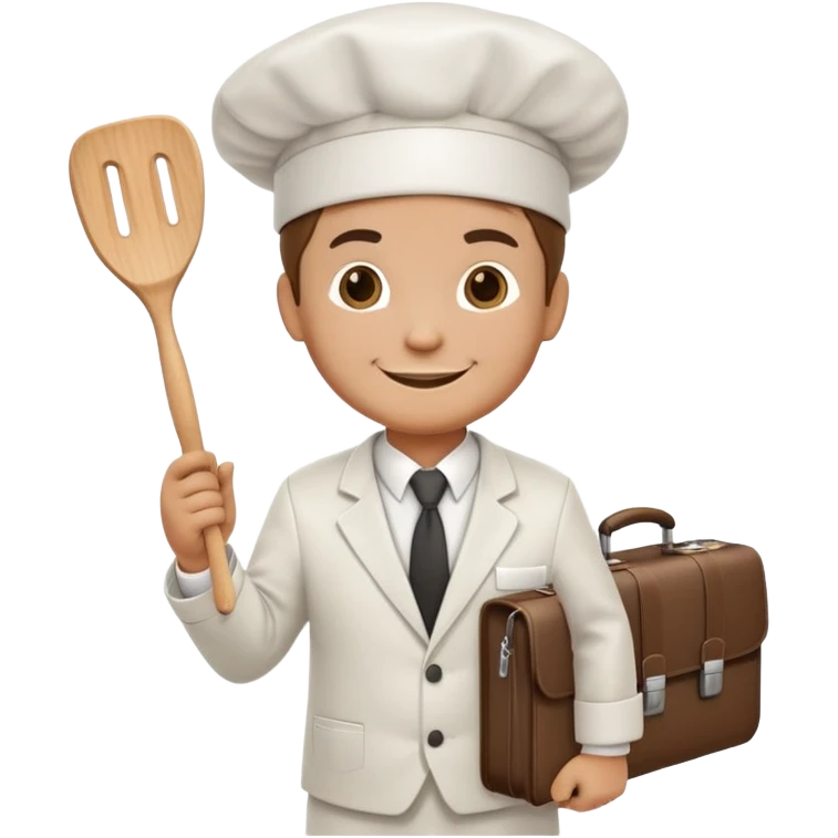 Chef wearing a suit and tie with a chef hat, holding a spatula in one hand and a briefcase in the other, friendly smile emoji