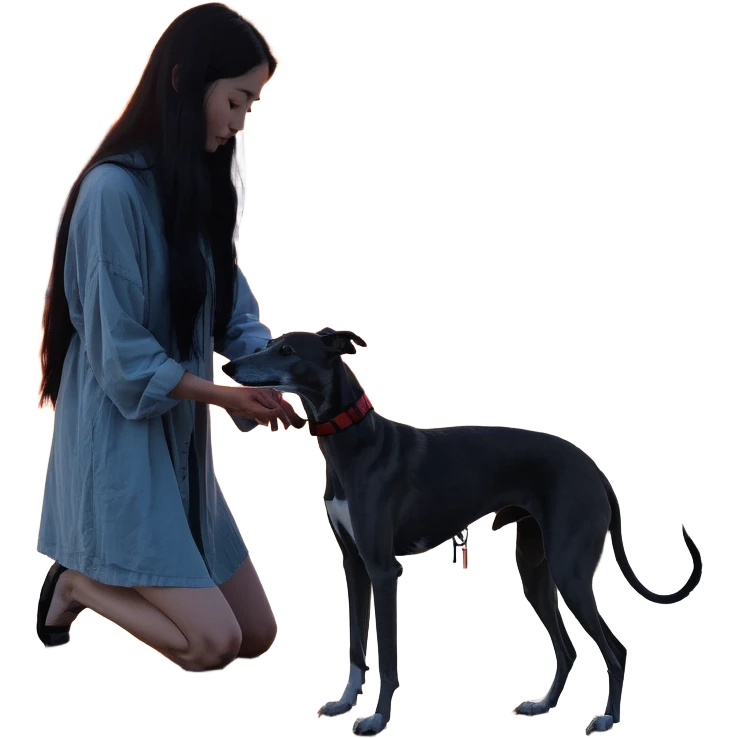 A very beautiful and attractive 25-year-old Japanese woman with long flowing black hair gently petting a SOLID DARK GREY whippet on a beach during a beautiful sunset. The woman's hand is lovingly stroking the whippet. The whippet MUST be COMPLETELY SOLID DARK GREY with ABSOLUTELY NO WHITE MARKINGS ANYWHERE - no white chest, no white face, no white paws, no white tip on tail - ENTIRELY ONE SOLID DARK GREY COLOR throughout the entire dog. Orange and red sunset sky over the ocean, sandy beach in the foreground. emoji