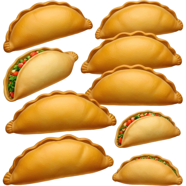 Empanadas Cinematic Realistic Empanadas Dish Emoji, depicted as crispy, golden empanadas made with cornmeal and filled with savory ingredients, rendered with rich textures and vibrant, appetizing lighting. emoji