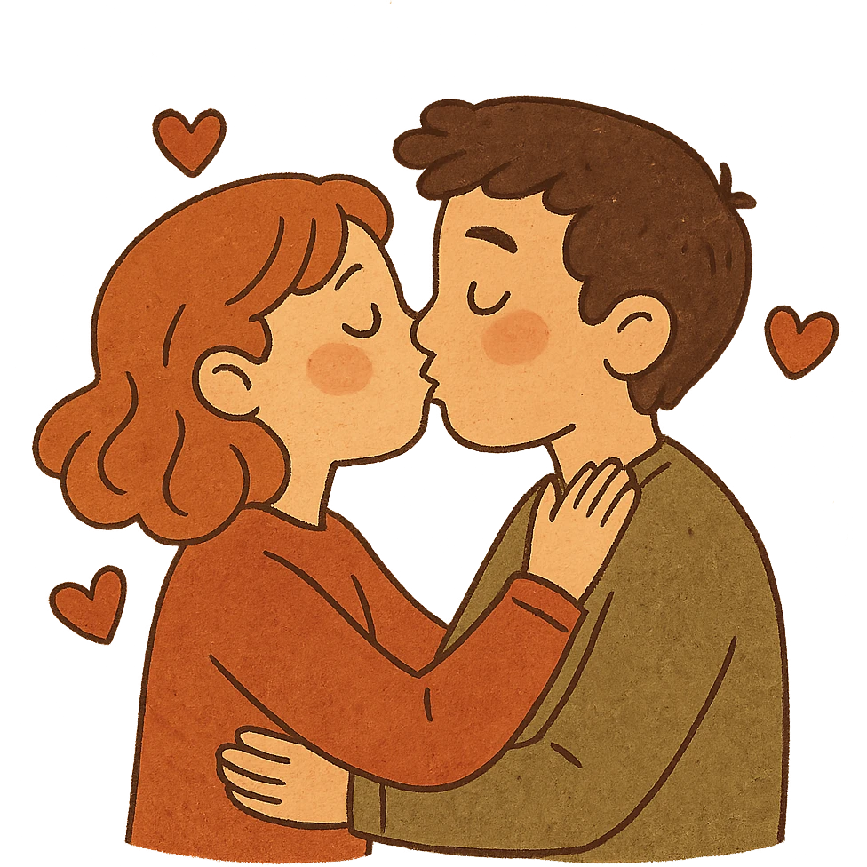 cartoon style, two characters in a passionate kiss, hearts around emoji
