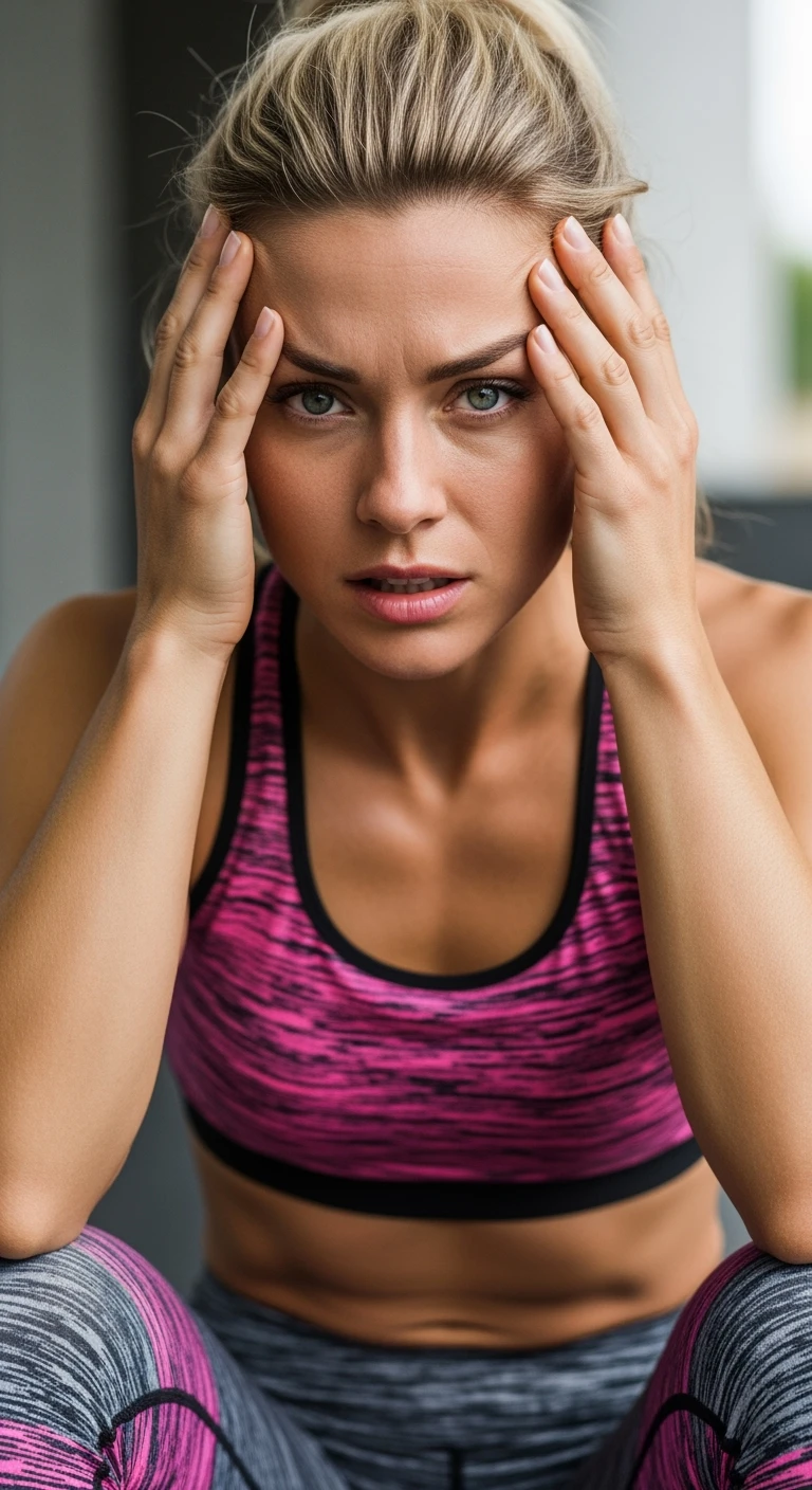 DONNA FITNESS STRESSATA CHE SI TIENE LE MANI SULLA FRONTE, IPERREALISTICA 4K emoji