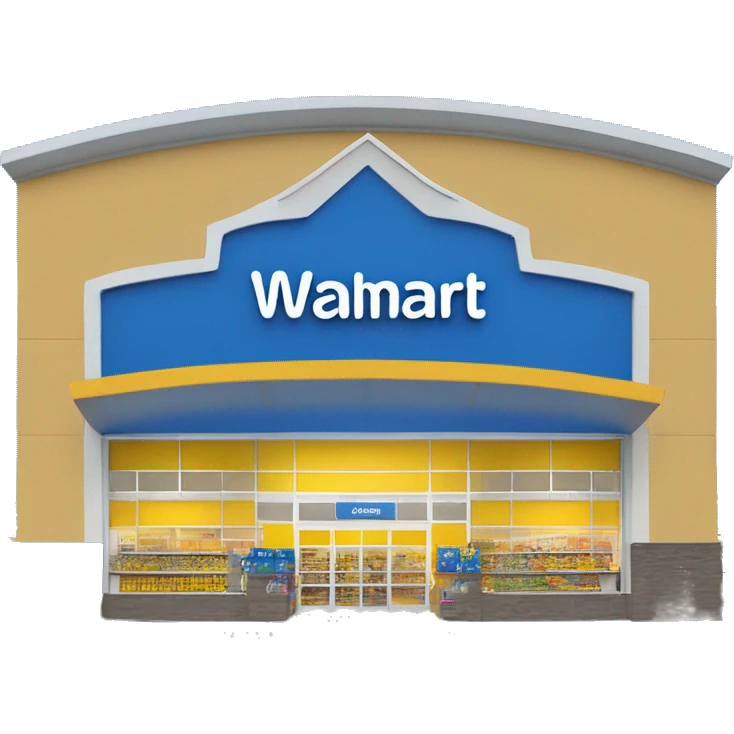 “Exterior of a Walmart store with the sunburst logo above the entrance, blue facade with yellow accents, large sliding glass doors, and shopping carts lined up outside, capturing the look of a busy retail supercenter.” emoji