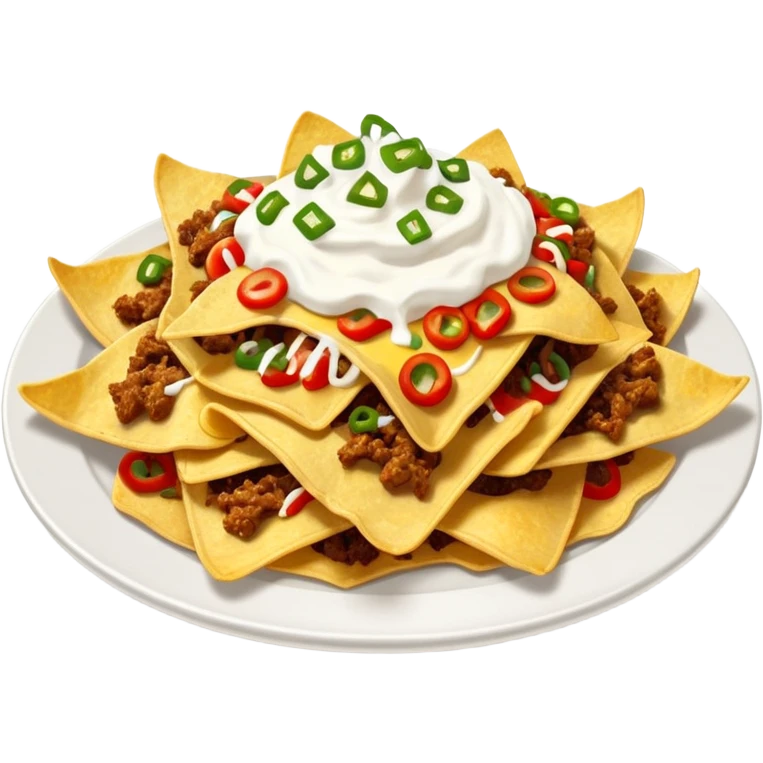 Plate of chilli beef nachos with sour cream topping  emoji