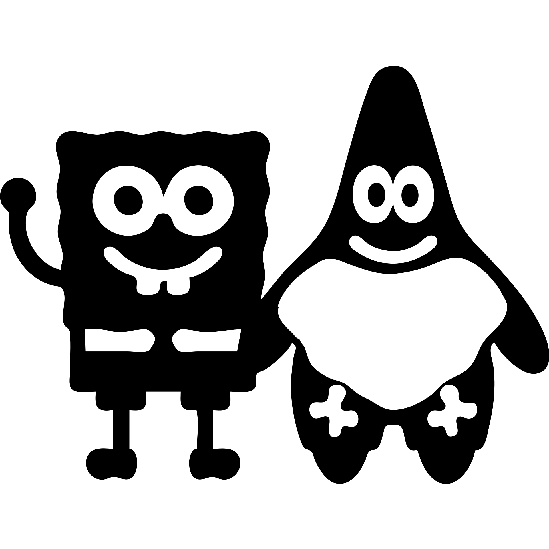 Spongebob and Patrick as solid filled icons, bold shapes, no outlines, no text emoji