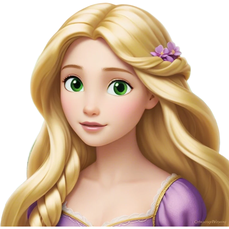 Cinematic Realistic Rapunzel Portrait, with porcelain-like skin featuring a subtle, natural glow, illuminated by soft lighting that brings out the gentle contours of her face. Her long, golden blonde hair cascades in detailed waves, each strand highlighted with a radiant shimmer as it catches the light. Her bright, expressive green eyes exude curiosity and warmth, framed by delicate lashes and soft, arched brows. Her expression is playful and vibrant, with a gentle smile. She is dressed in her classic lavender and pink gown, the fabric textured with delicate folds that flow naturally, catching the light with a soft, radiant glow. The portrait captures a luminous, enchanting aura, seamlessly blending realism with a whimsical, fairytale charm, evoking a timeless sense of beauty and magic. emoji