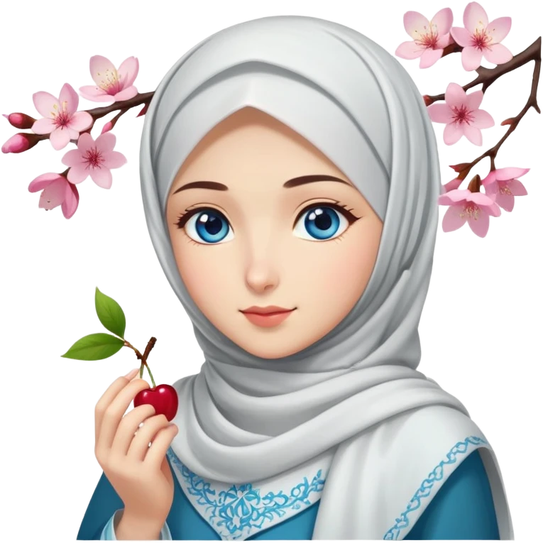 Turkish beautiful finish Konya girl blue eyes with hijab islamic dress and had on her hand cherry blossom emoji