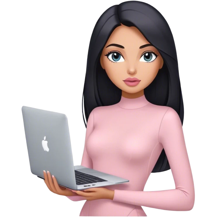 Glamours, tanned, very beautiful girl, with big pump peach-beige-rose lips, black straight smooth silky long hair, straight parting, blue-grey eyes, in light-pink bodysuit holding MacBook emoji