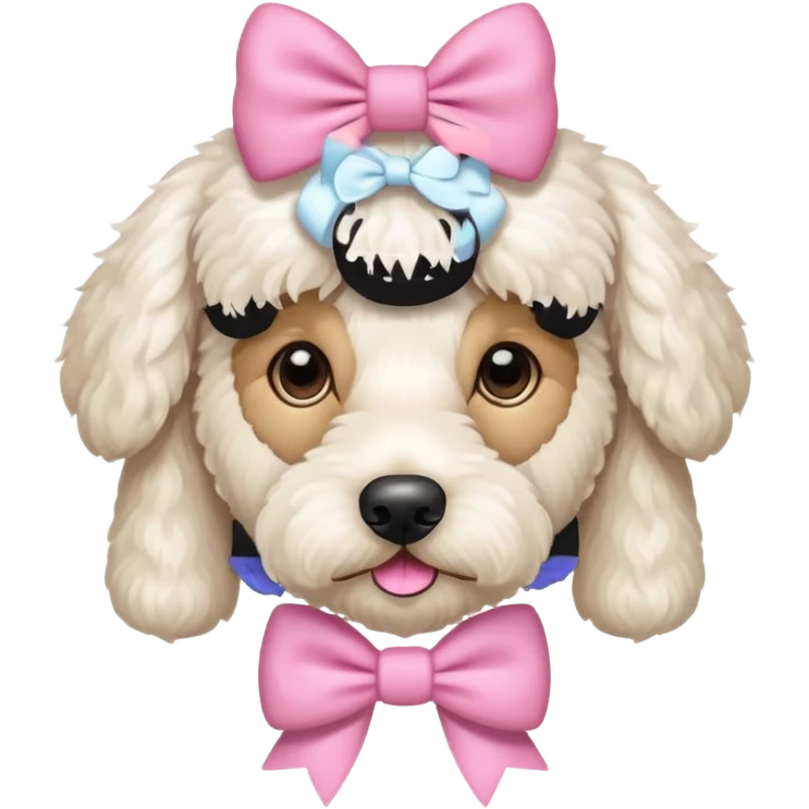 White Goldendoodle dog, pink bow emoji