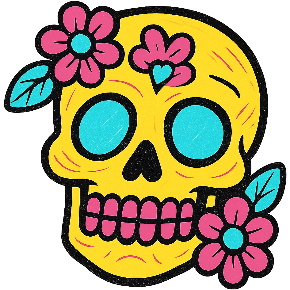 colorful sugar skull with floral decorations, Mexican Day of the Dead, vibrant and festive emoji