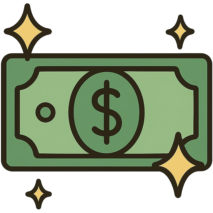 flat toon style dollar bill with sparkles emoji