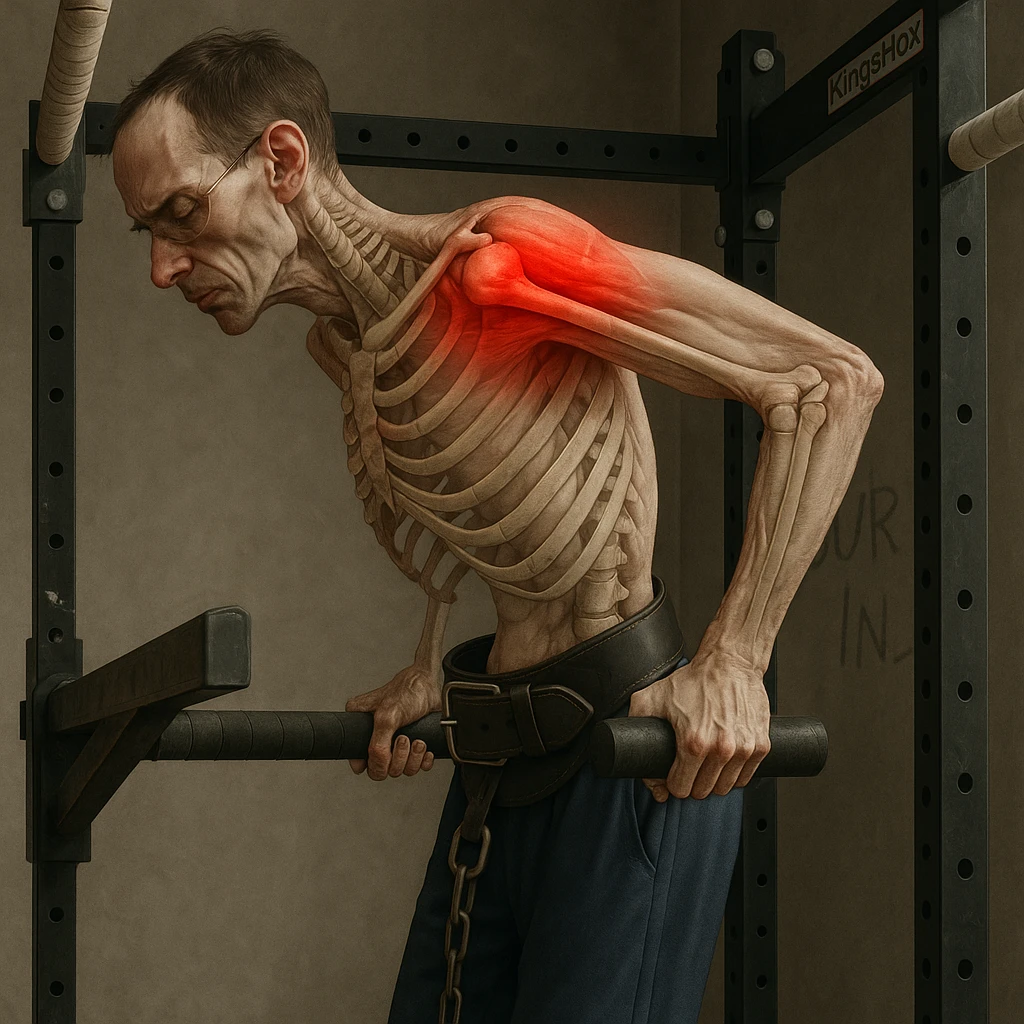 Hyperrealistic 4K image of a very thin man performing a dip on parallel bars, side position as in the reference, showing an expression of shoulder discomfort. Highlighted muscles and bones, painful area marked in red, gym atmosphere. Variant 2. emoji