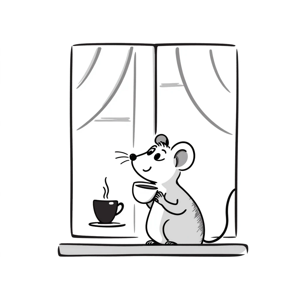 Hand-drawn mouse sitting by the window with a teacup emoji