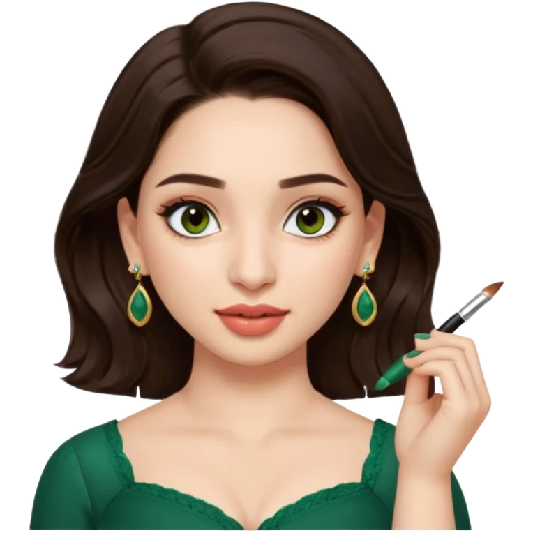 pretty bratz genmoji that looks like tamannah bhatia (bollywood actress), wearing a dark green sweetheart neckline top, dark brown hair, light makeup, no necklace, dangly earrings, side hair part, fair. dark brown eyes


Show her applying something on her face with a finger emoji