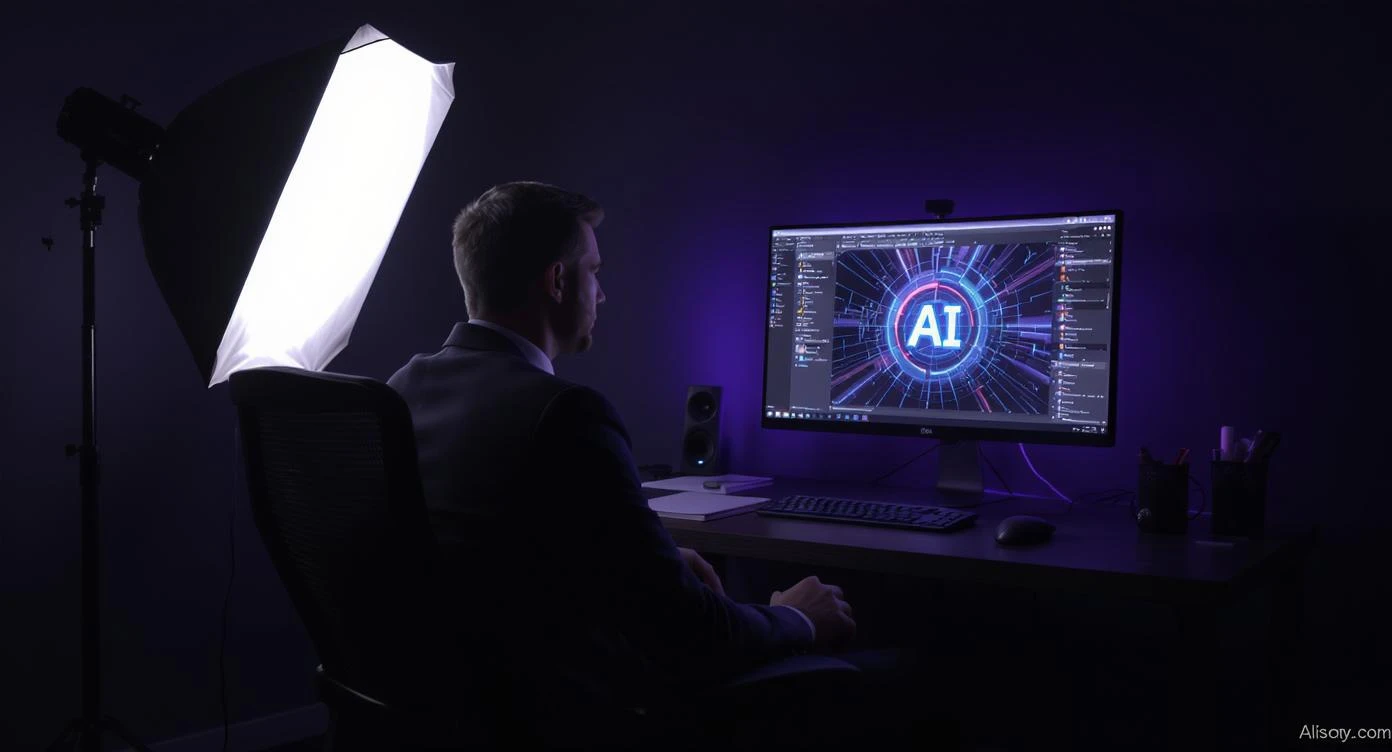 Course thumbnail, Photo of a business sitting on chair looking at camera, in background is computer with AI art on it, white softbox key light, environment is dark background but have proffesiona purple ambilight and leading lines, image feels proffesional and clean, rule od thirds emoji