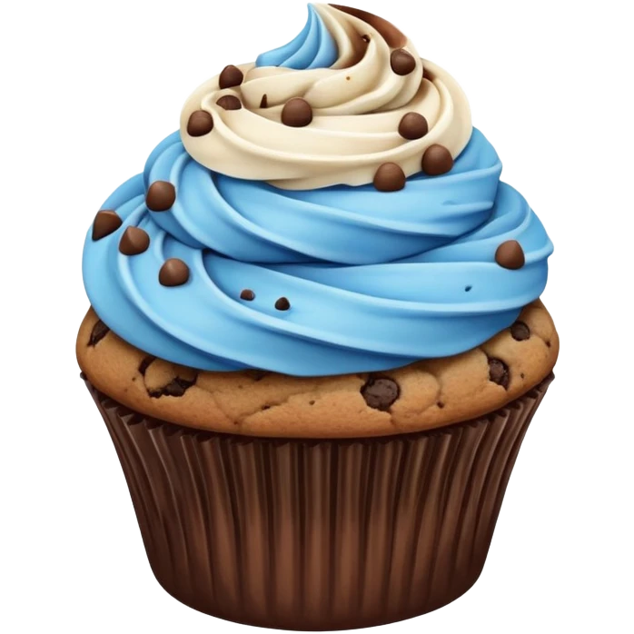 Chocolate cupcake with white and blue mixed frosting with a chocolate chip cookie on top  emoji