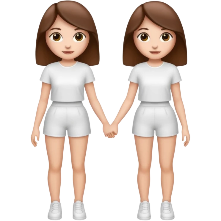 👯‍♀️ generate this emoji, as two white girls, bffs, the same pose but maybe the outfit cuter. we are models. both with brown hair. one girl in white outfit, the other in black emoji