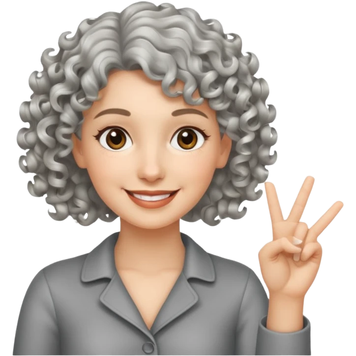 silver, short, wavy-haired with curls, smiling pretty lady, hopeful,  2 fingers up


 emoji