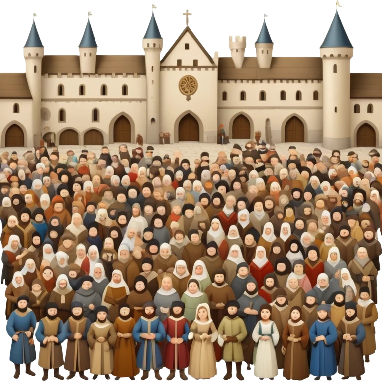 Large crowd of medieval people gathered in town square, mixture of wealthy merchants in fine clothes and commoners in simple attire emoji
