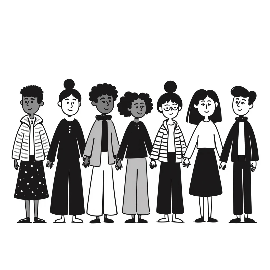 Hand-drawn illustration of people of different skin colors and ethnicities holding hands in a line, symbolizing integration and unity emoji