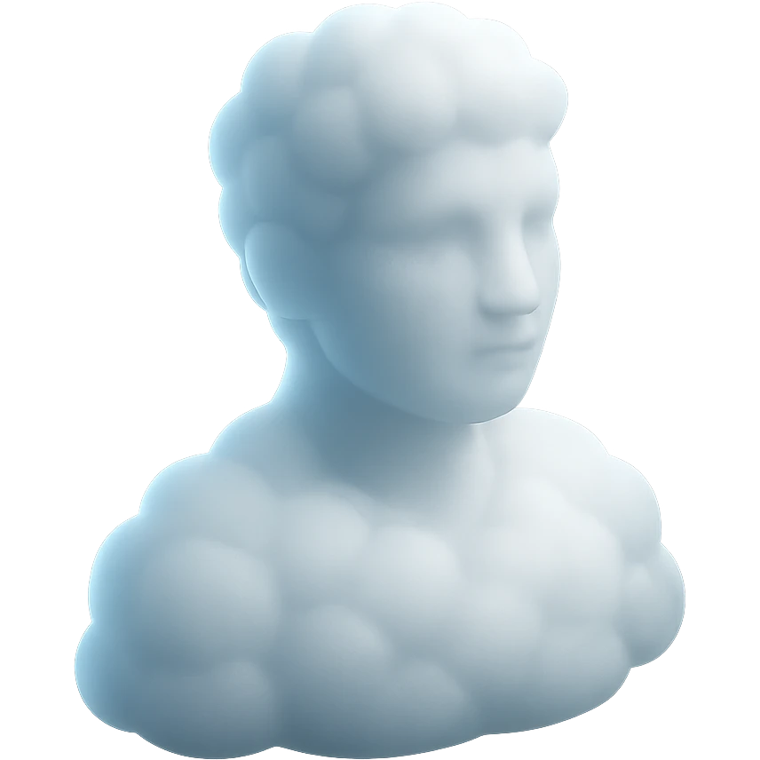 person looking straight, fully made of white fluffy convex clouds, shoulder up, matte glass style emoji