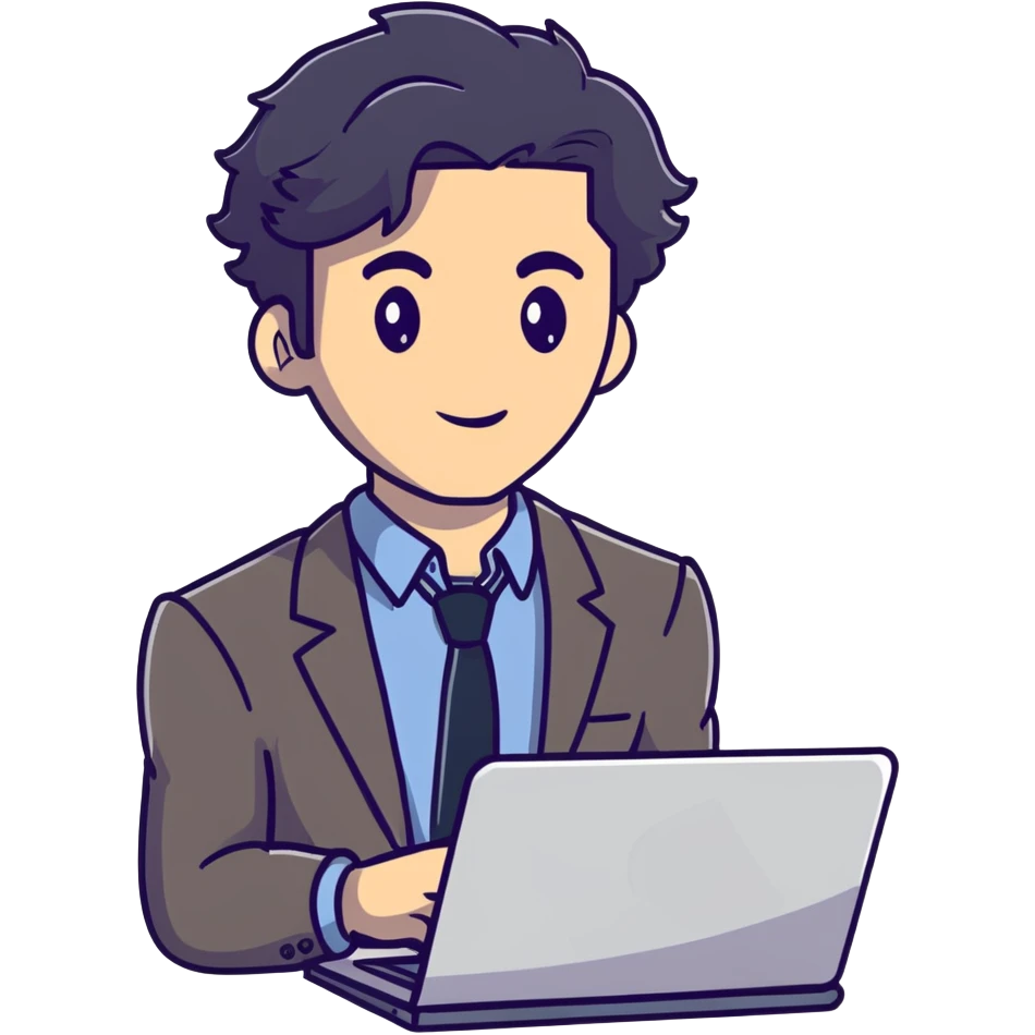 Business strategist man with black wavy hair, stubble, chiseled face, wearing blazer and button-up shirt, holding laptop, confident expression emoji