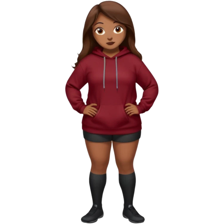 Curvy pretty brown girl with long brown hair, wearing a dark deep red sweatshirt with tall black socks emoji