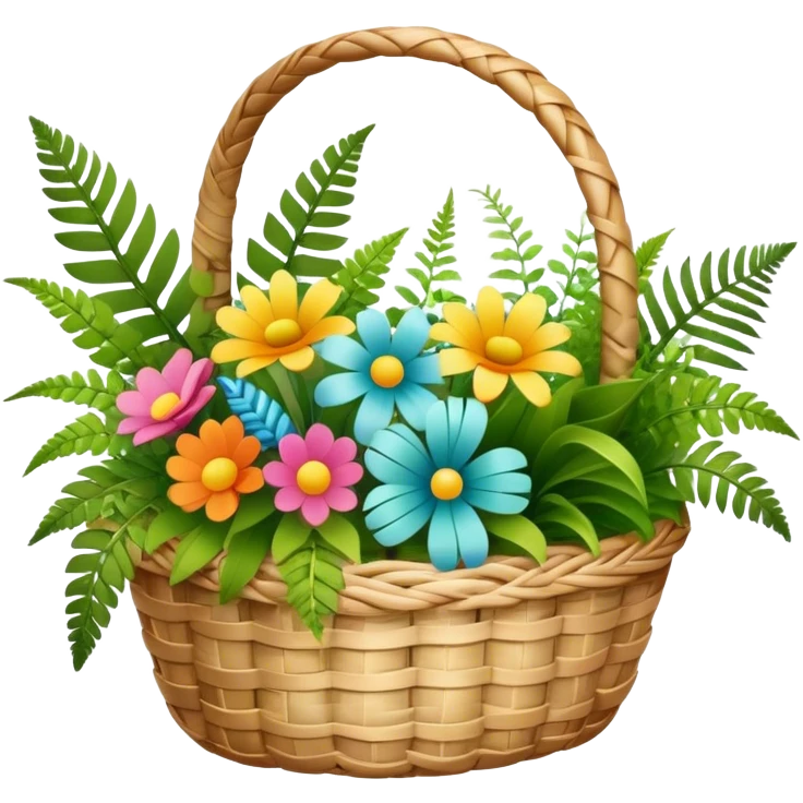 Icon for Floristry: a woven basket with flowers, reeds, ferns, bright ribbons and a small plush toy. The icon should represent creativity in flower arrangement and decorative design. Transparent background. emoji