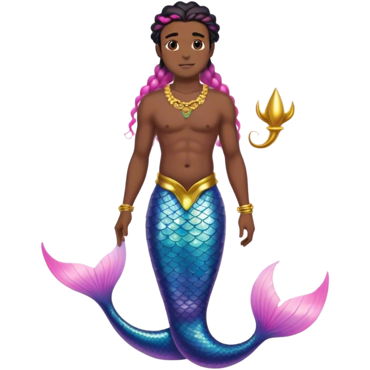 full body black man mermaid with pink ombré tail, wearing gold jewellery and has black hair that is middle part braids that cover his forehead  emoji