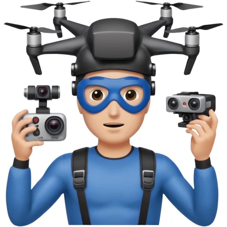 Super hero photographe, gopro sur la tête, masque fpv sur les yeux. Un drone à côté de lui. Il tiens un appareil photo reflex. emoji