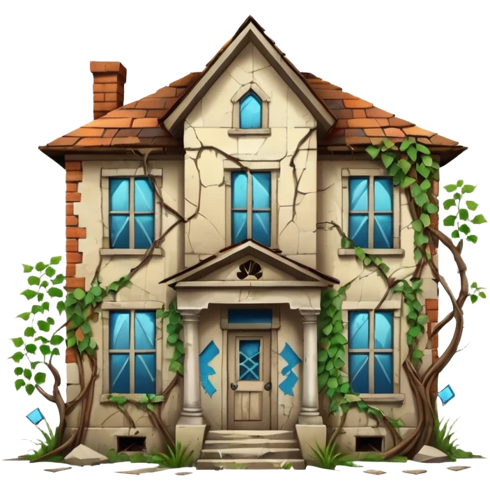 Abandoned house with boarded windows and broken glass and graffiti on it emoji