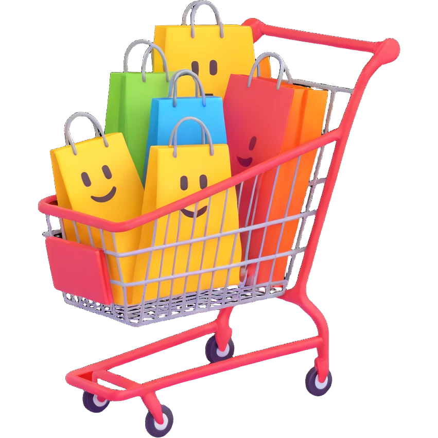 shopping cart with bags in it, 3d emoji style emoji