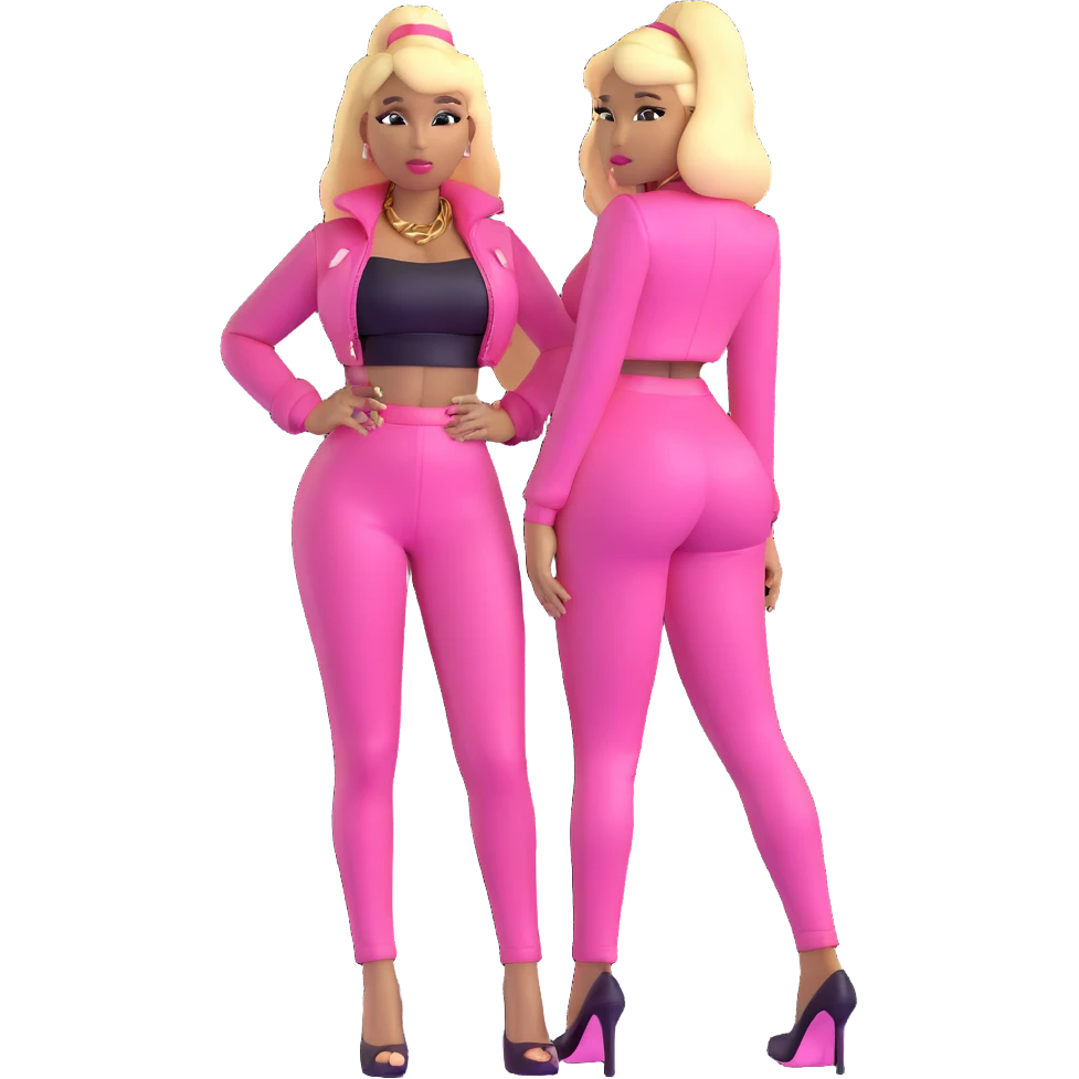 Nicki Minaj wearing a pink outfit with hair that is half blonde and half pink emoji