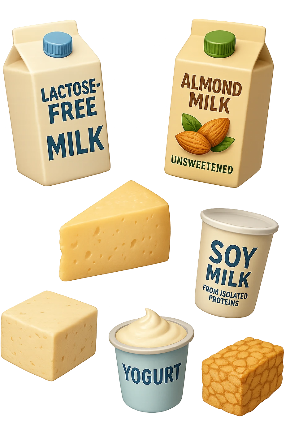 emoji stile iphone 3d di Latte e yogurt delattosati
Latte di mandorla (non zuccherato)
Latte di soia da proteine isolate
Formaggi stagionati (es. parmigiano)
Tofu compatto e tempeh
 che fluttuano in aria, iperealistico 4k emoji