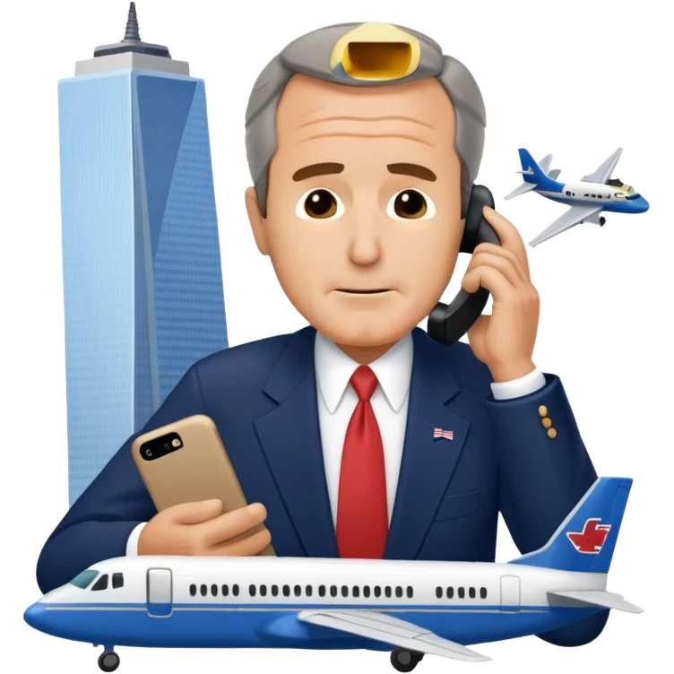 animated emoji of the world trade center with a plane crashed into it and george bush on a phone in front of it emoji