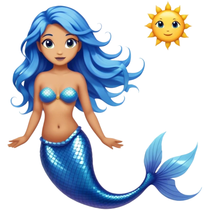 Cinematic Realistic Blue Hair Mermaid Portrait, depicted with lifelike, sun-kissed tanned skin that exudes a warm, radiant glow under gentle underwater lighting. Her intricately detailed, flowing blue hair cascades like a waterfall of ocean hues, framing deep, mesmerizing eyes that capture the vibrant spirit of the sea. Adorned with a shimmering tail and delicate tropical accents, the portrait features an enchanting underwater glow that blends realism with mythic coastal allure. emoji